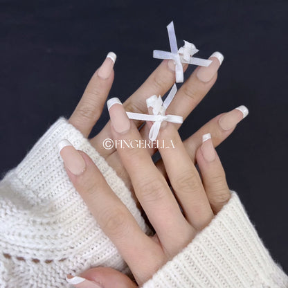 Ribbon Blanc Elegance | Handmade Press-On Nails